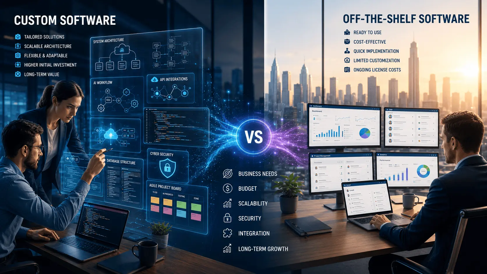 Custom software vs off-the-shelf software comparison showing scalability, customization, integration, security, and business software solutions.